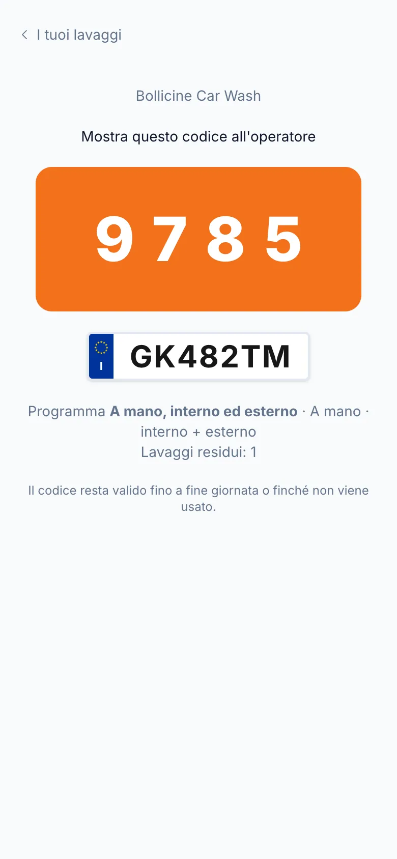 The 4 digit wash code in the customer app