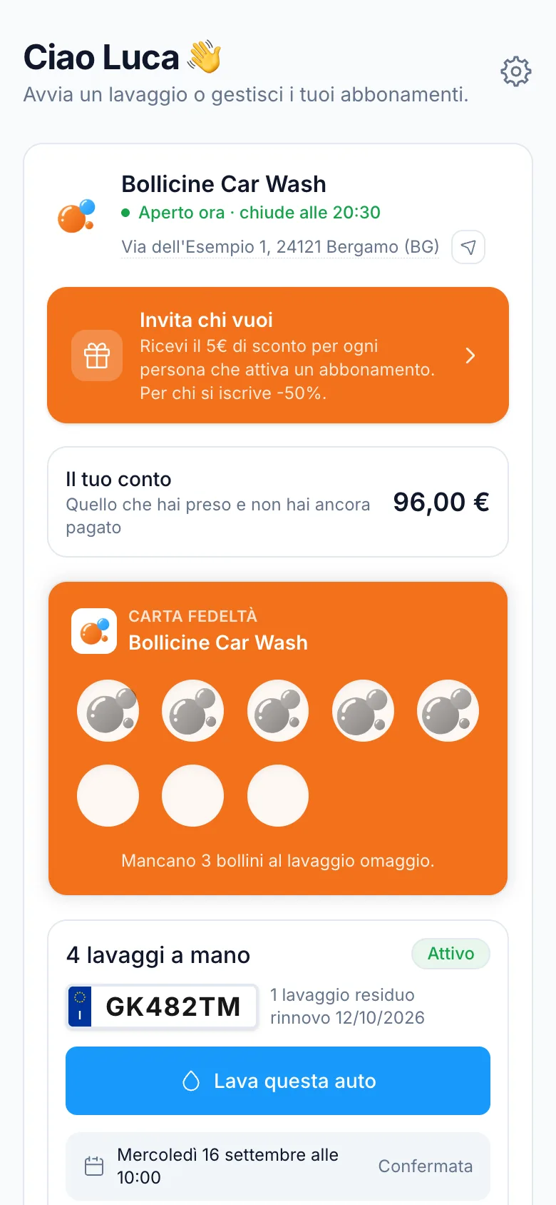 Customer app home with subscription and loyalty card