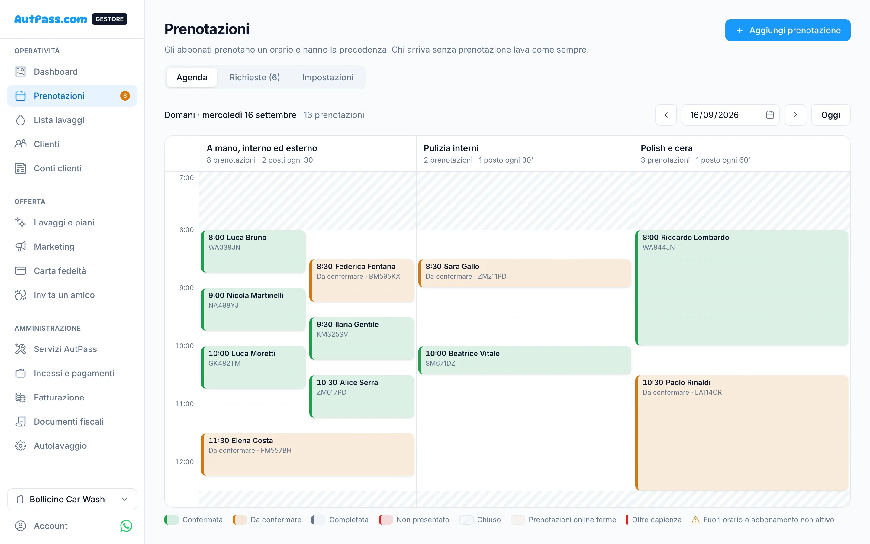Booking calendar, one column per wash type